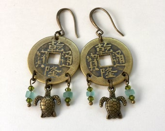 TURTLE Earrings - Aqua and Peridot - Brass Coin Replicas - Sea Turtle Earrings - Friends of the Earth - Coin Jewelry - Sea Earrings  sl100--