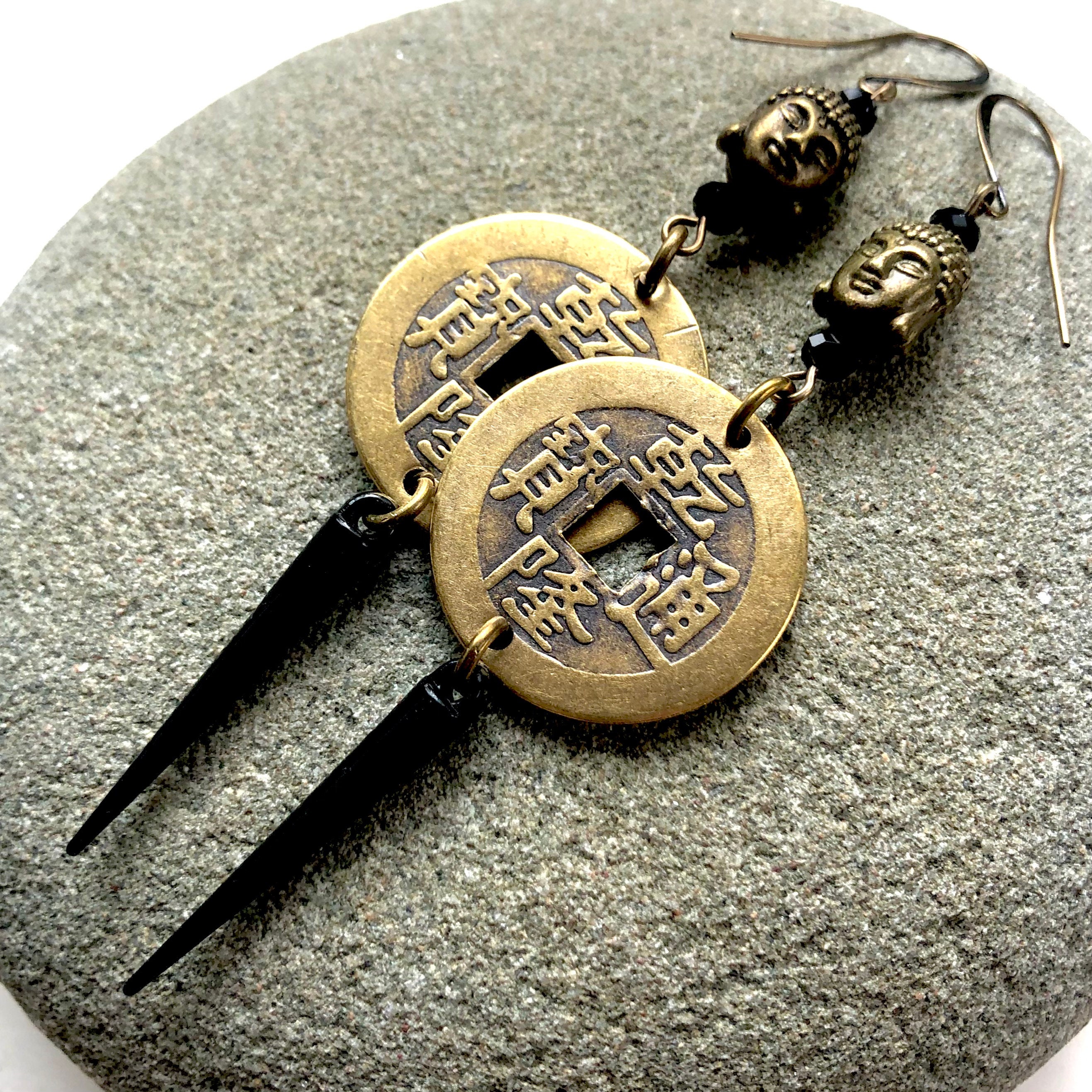 BUDDHA Spike Dangles - Coin Earnings - Steampunk Asia - I