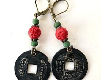 CINNABAR & TURQUOISE - COIN Earrings - Brass Replicas of Old China Coins - Boho Style - Hippie Vibe - Asian Boho - Chinese Earrings - sl154