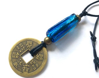 Feng Shui Amulet - BaGua - Yangsheng Charm - Blue Glass - Adjustable Nylon Cord  - Statement Necklace - Safe Journey Necklace - S-79