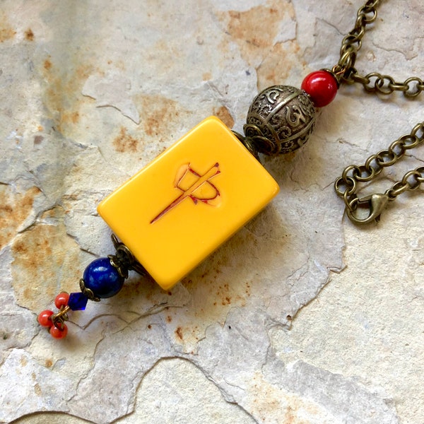 RED DRAGON - Mahjong Necklace - 中 hóng zhōng - Middle - Mahjong Gift - Asian Necklace - Mahjong Boho - Coral - Lapis - Buddhist Beads M19