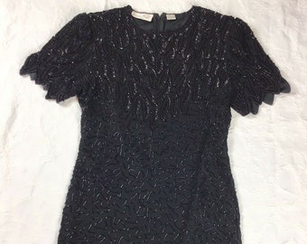 Vintage Laurence Kazar Black Silk Beaded Sequin Cocktail Evening Dress Medium M