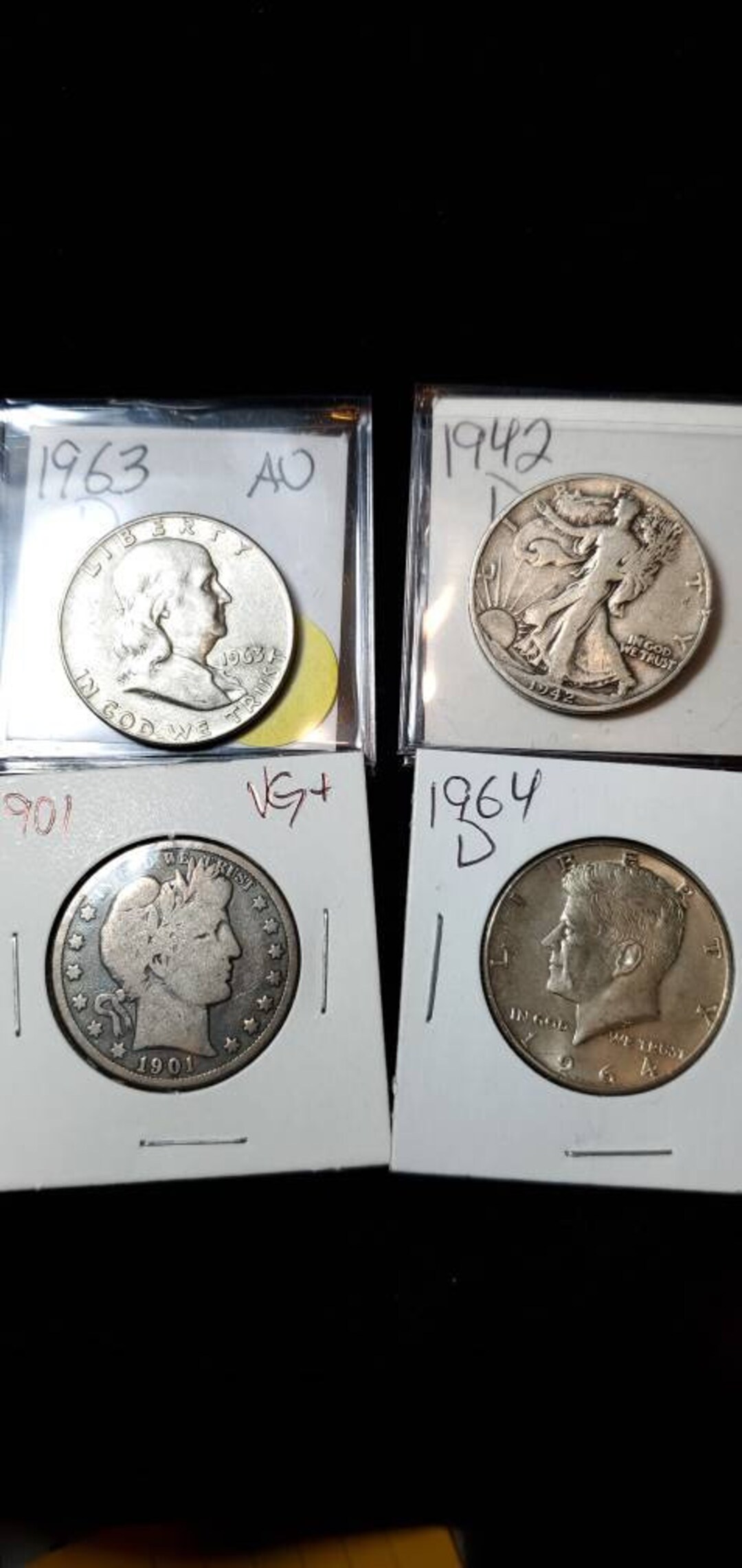 4 Silver Half Dollars Type Set Au/bu 1964 D Kennedy, Au 1963-D Franklin ...
