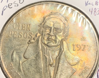 1977 Cien Pesos - México KM483.1 - Cien Pesos 720 Plata - Color arcoíris - Fecha clave #1378
