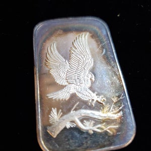 Puede incluir: Barra rectangular de plata con un relieve detallado de un &aacute;guila en vuelo, agarrando una rama. Las alas del &aacute;guila est&aacute;n extendidas y la barra tiene un brillo ligeramente iridiscente. El fondo es negro.