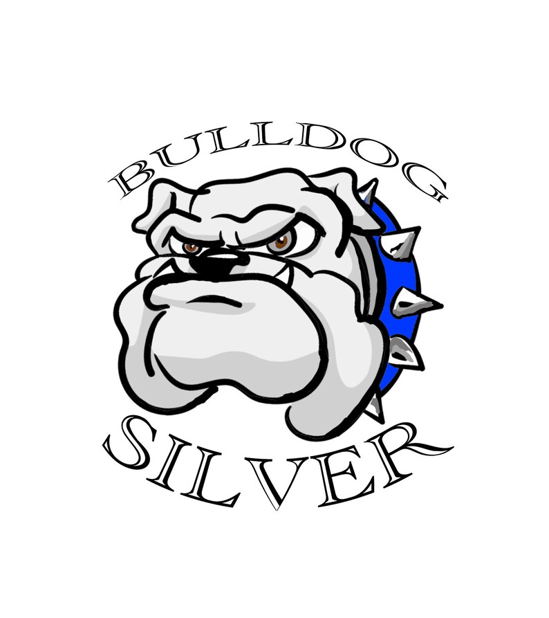 May include: A cartoon bulldog with a blue collar and spikes, with the words "BULLDOG SILVER" above and below the image.