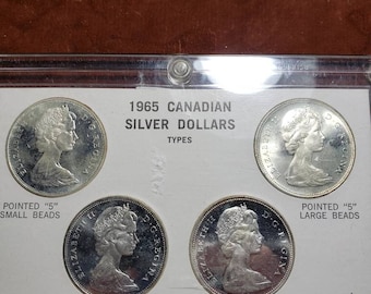 1965 Queen Elizabeth II  Canadian Silver Dollar Set BU  -- Type 1 + 2 -Sm  +  Large  Beads Pointed & Blunt 5- includes  holder  Regular 299
