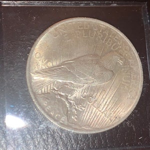 May include: A silver Peace dollar coin featuring a dove perched on a branch, with the word "PEACE" inscribed below. The coin is encased in a protective plastic sleeve.