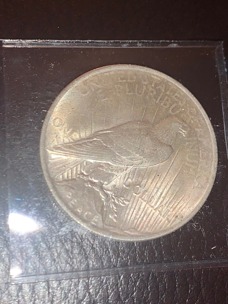 May include: A silver Peace dollar coin featuring a dove perched on a branch, with the word "PEACE" inscribed below. The coin is encased in a protective plastic sleeve.
