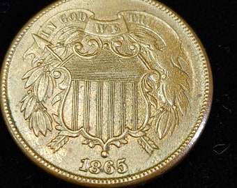 1865 XF+/ AU    TWO 2 Cent Piece First Coin with In God We Trust Motto -  Civil war Era - Regular 299  Error  weak strike rev  - lot  # 899