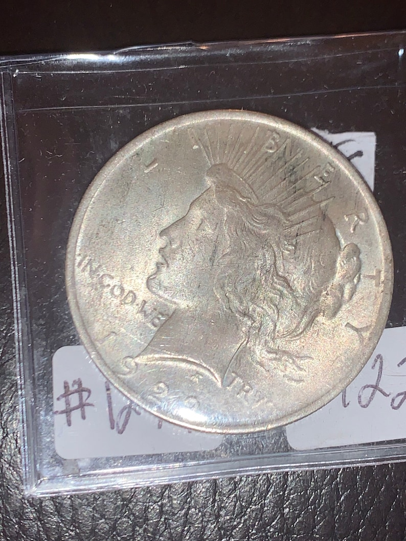 May include: A silver coin with a profile of a woman wearing a radiant crown, inscribed with "IN GOD WE TRUST" and "LIBERTY". The coin is encased in a protective plastic sleeve. The year "1922" is visible.