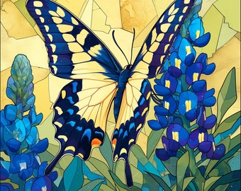 Digital Art Swallowtail butterfly on Bluebonnet in a stained glass art style pattern PNG Texas Natives collection