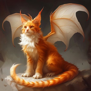 May include: A fantasy illustration of an orange tabby cat with white fur on its chest and a pair of large, white wings.