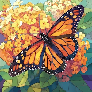 May include: A colourful stained glass style illustration of a monarch butterfly with orange, black and white wings. The butterfly is perched on a cluster of yellow flowers with green leaves.