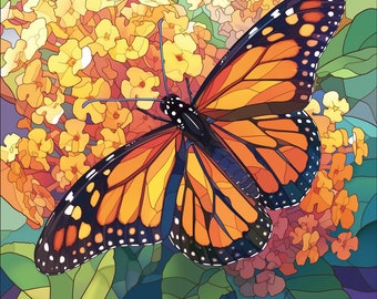 Digital Art Monarch butterfly on Lantana in a stained glass art style pattern PNG Texas Natives collection