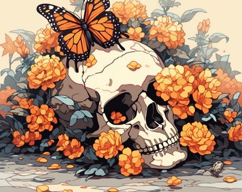 Digital Art Sugar Skull and Marigolds with Monarch butterfly PNG