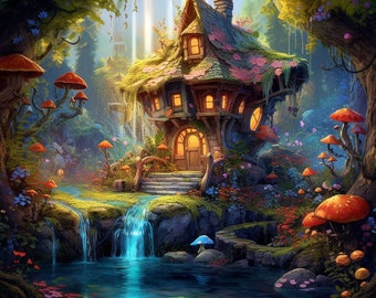 Digital Art Fairy House at the base of a tree with a waterfall and a bunch of mushrooms PNG files
