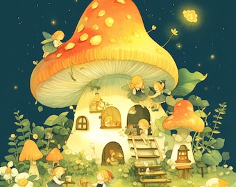Digital Art Fairy House in a mushroom with gnomes lit up at night PNG files
