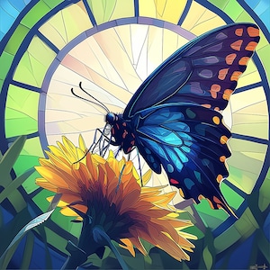 Digital konst Pipevine Swallowtailfjäril på en maskros i ett målat glaskonstmönster PNG Texas Natives-samling