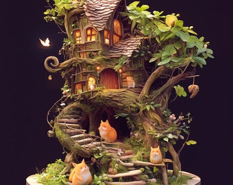 Digital Art Fairy House in a tree with orange cats PNG files