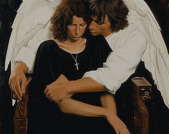 Digital Art Woman in Mourning with Angel holding her PNG files