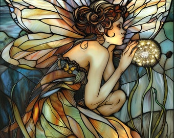 Digital Art Fairy in a Dandelion field in stained glass style for pattern PNG files
