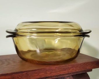 Vintage Amber Glass Casserole Dish with Lid Dynaware Pyr-O-Rey