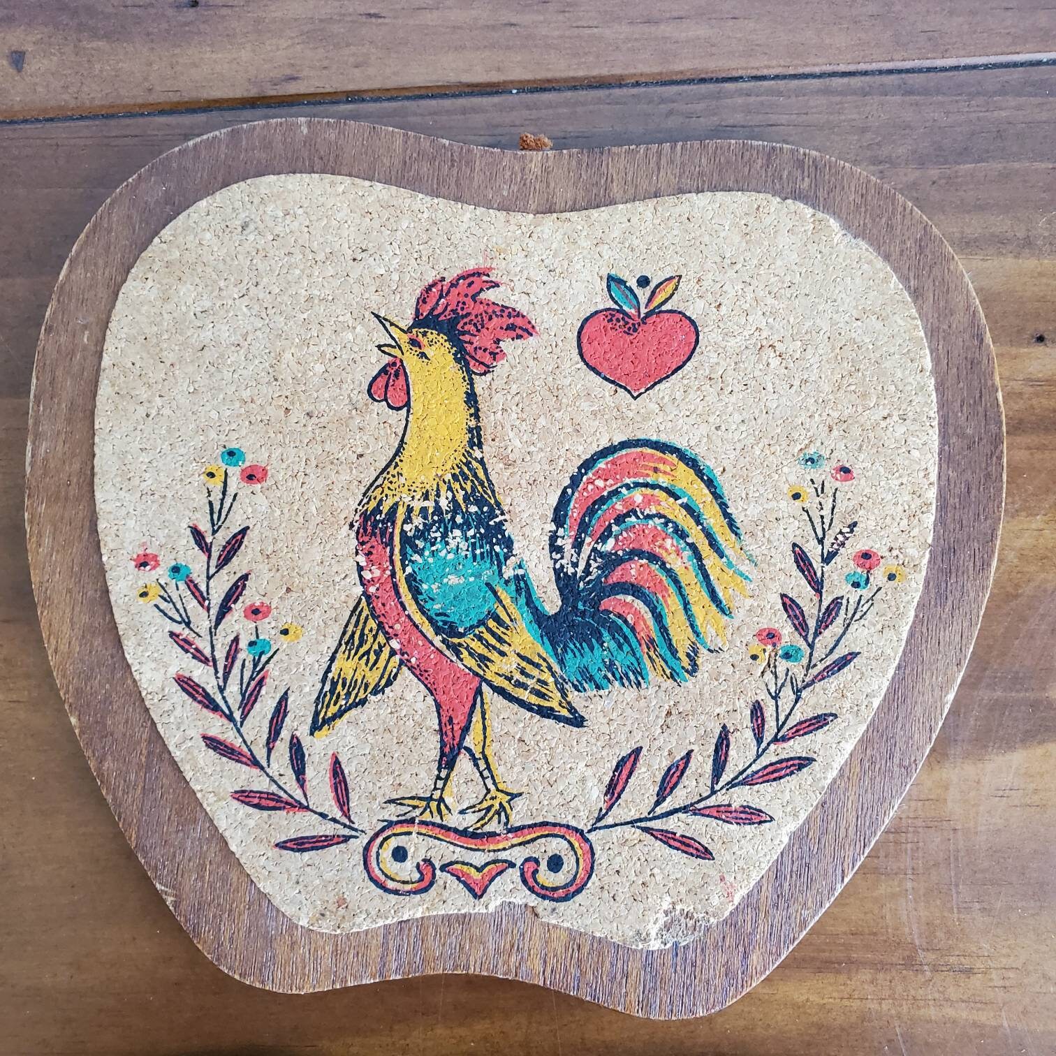 Vintage Wood & Cork Rooster Trivet Set of 3 Mid Century Etsy