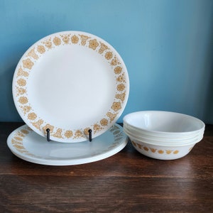 Vintage Corelle Butterfly Gold Dinner Plate and Bowl Set Eight Pieces