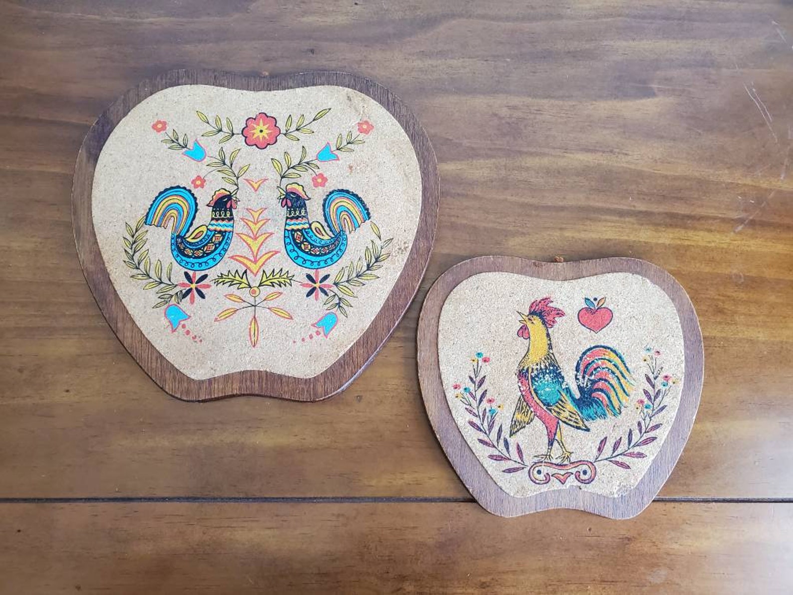 Vintage Wood & Cork Rooster Trivet Set of 3 Mid Century Etsy