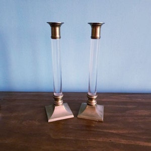 Vintage Mid Century Modern Brass & Lucite Candle Holder Set