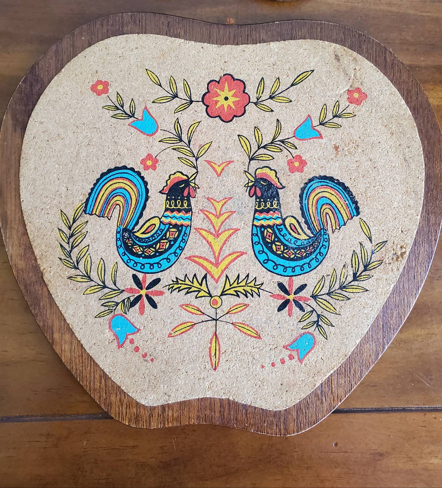 Vintage Wood & Cork Rooster Trivet Set of 3 Mid Century Etsy