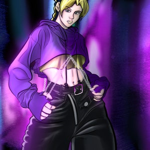 May include: A woman with blonde hair and purple and yellow clothing poses in front of a purple and blue background. She is wearing a cropped hoodie, a black belt, and black pants with silver chains.