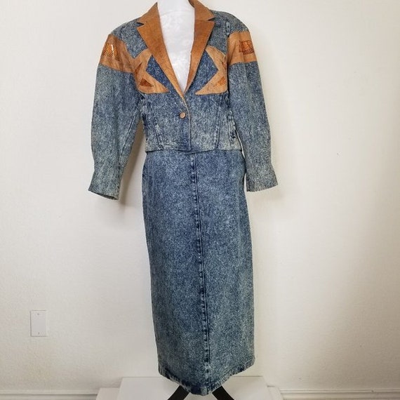 Vintage 80s Acid Wash Denim and Leather Skirt Suit