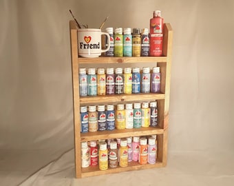 Made to Order Rustic Paint Bottle Rack Organizer for the artist. 4 tiers hold 36 to 72 regular 2 oz bottles. Handmade from Wood. Made USA