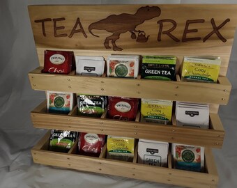 Make to Order. Tea Rex Dinosaur Tea Rack Organizer for Individually Wrapped Tea Bags. 150 + Tea Bags. Under cabinet on counter. Poplar Wood