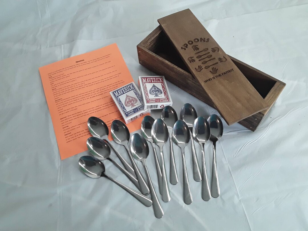 Spoons Game With Cards, Spoons, and Rules. Includes Handmade Wooden Box