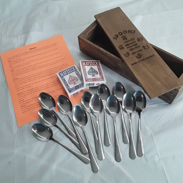 Spoons Game with cards, spoons, and rules. Includes handmade wooden box. Made USA.