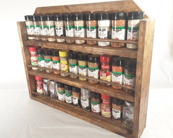 Made to Order Rustic Spice Rack Organizer for Counter Top  Kitchen. 3 tiers hold 33 regular Spice Bottles. Handmade from Wood.