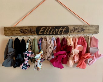 Made to Order. Customized Bow Holder for 15 Bows. Name Etched into Wood. 24 in wide. Hangs on Wall. Rustic.