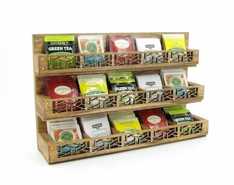 Made to Order Dark Tea Rack Organizer Rectangular Lattice front for Individually Wrapped Tea Bags. 150 + Tea Bags. Poplar Wood Handmade USA