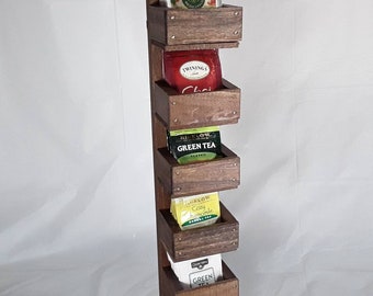 Made to Order Hanging Dark Tea Rack Organizer for Individually Wrapped Tea Bags. 70 + Tea Bags. Poplar Wood Handmade USA