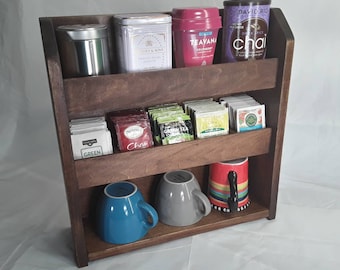 Made to Order Dark Tea Rack Organizer for Tins, Individually Wrapped Tea Bags. and Misc storage. Wall or counter. Poplar Wood Handmade USA