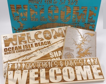 Wooden Welcome Sign with Maps, Artsy Fonts, Custom Wording. Laser Engraved and Painted