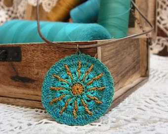 PATTERN - Thread Crochet Jewelry, Crochet Turquoise And Gold MANDALA Necklace Pattern, Two-Color Mandala Earrings Tutorial, Instant Download