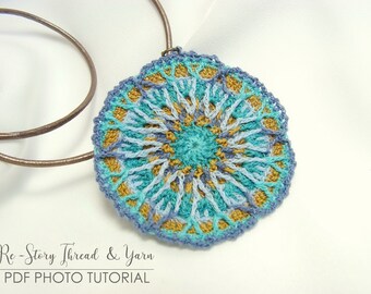 Digital PATTERN Crochet Necklace, Crochet Pendant Pattern, Thread Crochet Photo Tutorial, Turquoise Gold BOHO Pendant, Instant Download