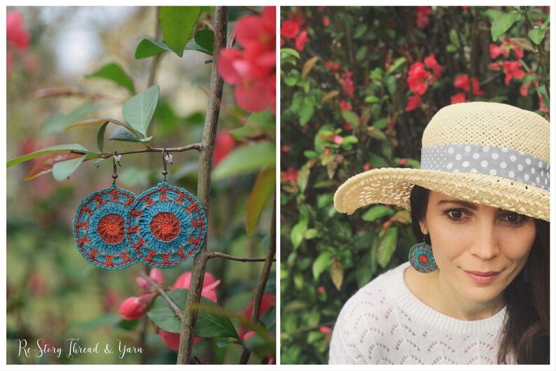 May include: Crocheted earrings with a blue and orange mandala design. The earrings are hanging from a branch with pink flowers. The earrings are also worn by a person in the image. The text "Re-Story Thread & Yarn" is visible in the image.