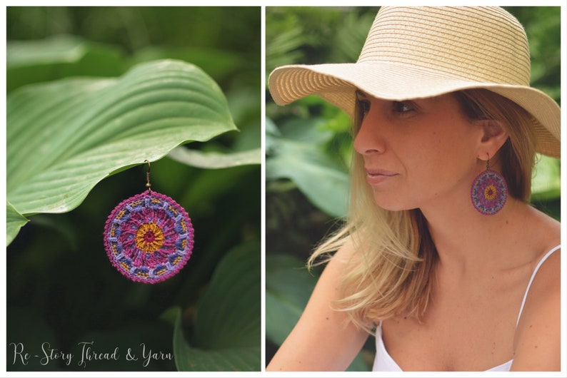 May include: A pair of crocheted earrings with a mandala design in shades of purple, pink, and yellow. The earrings are hanging from a leaf.