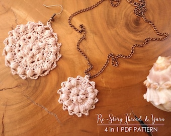4 in 1 PATTERN - Rosegold Crochet Jewelry Set, Thread Crochet Necklace Pattern, PDF Tutorial, Crochet Lacy Vintage Pendant, Earrings Pattern