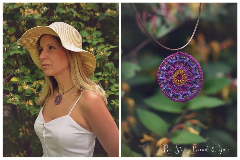 May include: A purple and gold crocheted mandala pendant necklace hanging from a brown leather cord. The necklace is hanging from a branch in a garden setting.